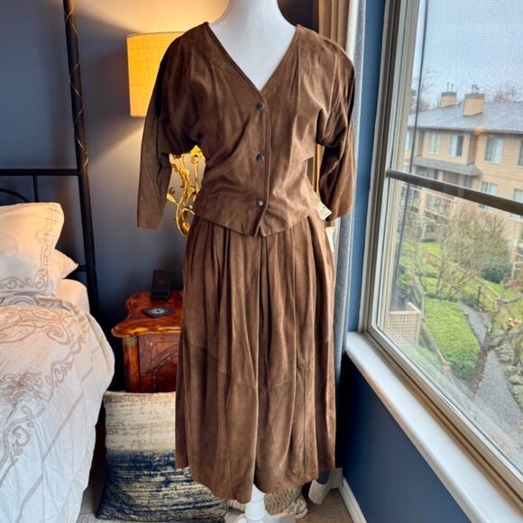 NWT Vintage 70s Margaret Godfrey for Bagatelle Brown Suede Shirt and Skirt Set - Picture 5 of 16